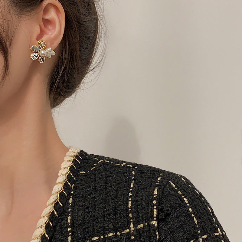 Pearl Flower & Crystal Tassel Earrings