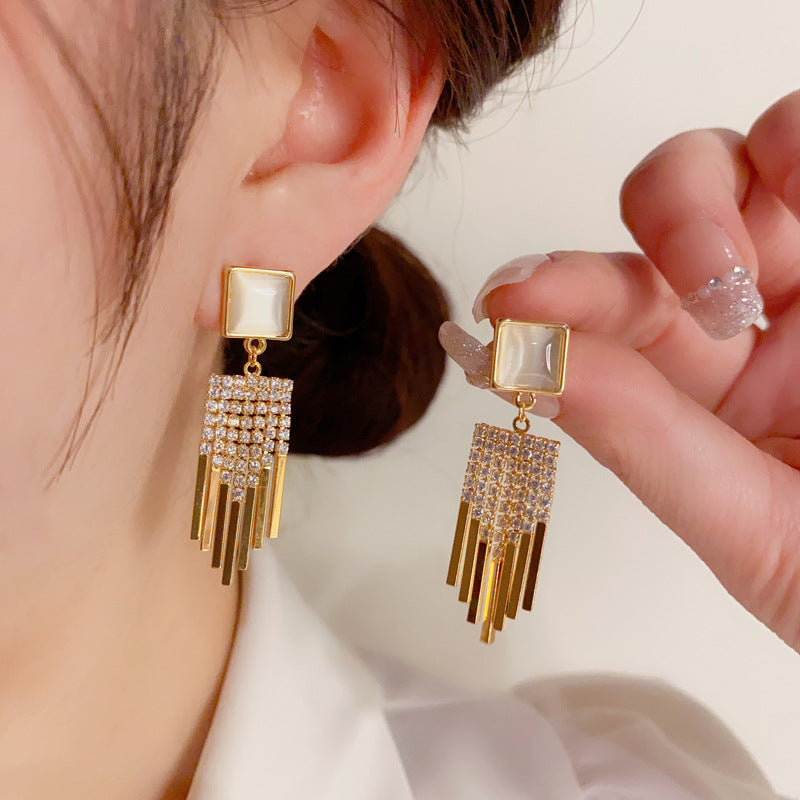 Square Cat's Eye Stone Tassel Earring
