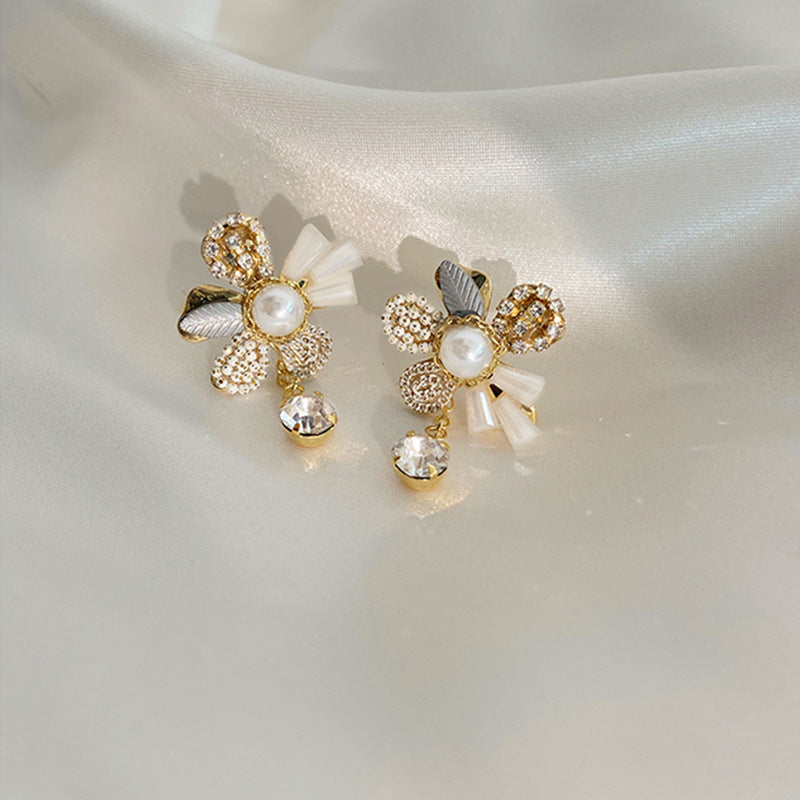 Pearl Flower & Crystal Tassel Earrings
