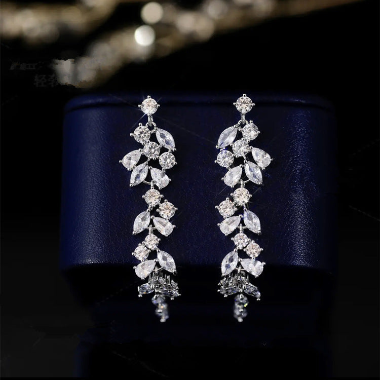 Sparkling Zirconia Leaf Tassel Earrings