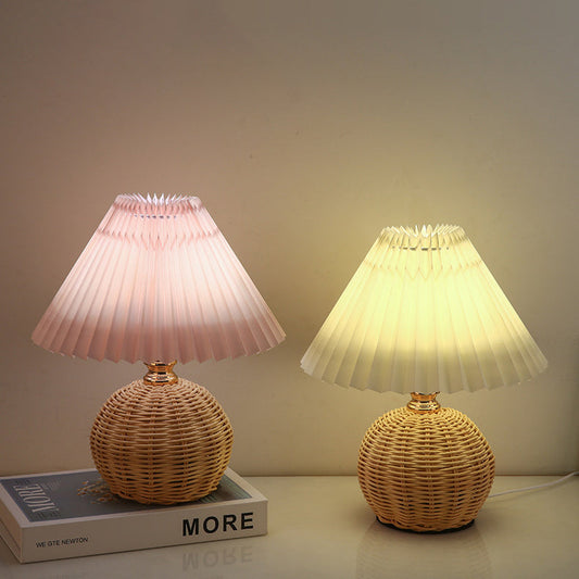 Contemporary Nordic Rattan Weave Table Lamp with Pleated Cone Shade, LED, for Bedroom