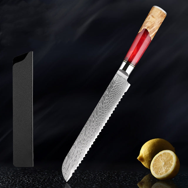 SAKUTO (作東) Japanese Damascus Steel Kitchen Knife Set With Coloured Red Handle