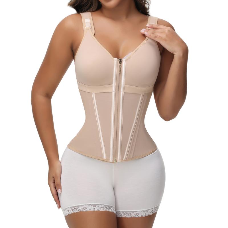 Women's Shapewear Vest with Built-In Underwire Bra – 17 Steel Bones, Zipper and Adjustable Straps
