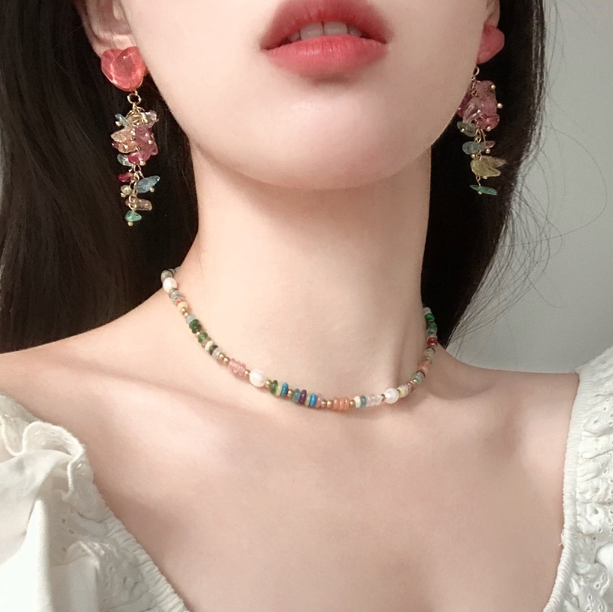 Vacation Style Irregular Colorful Crushed Stone Earrings