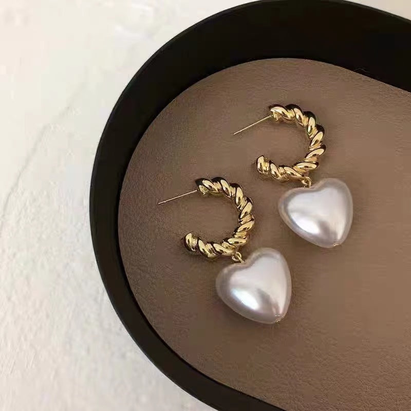 Twisted Rope Hoop Pearl Love Earrings