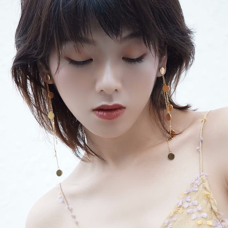 Small Round Piece Long Tassel Earring