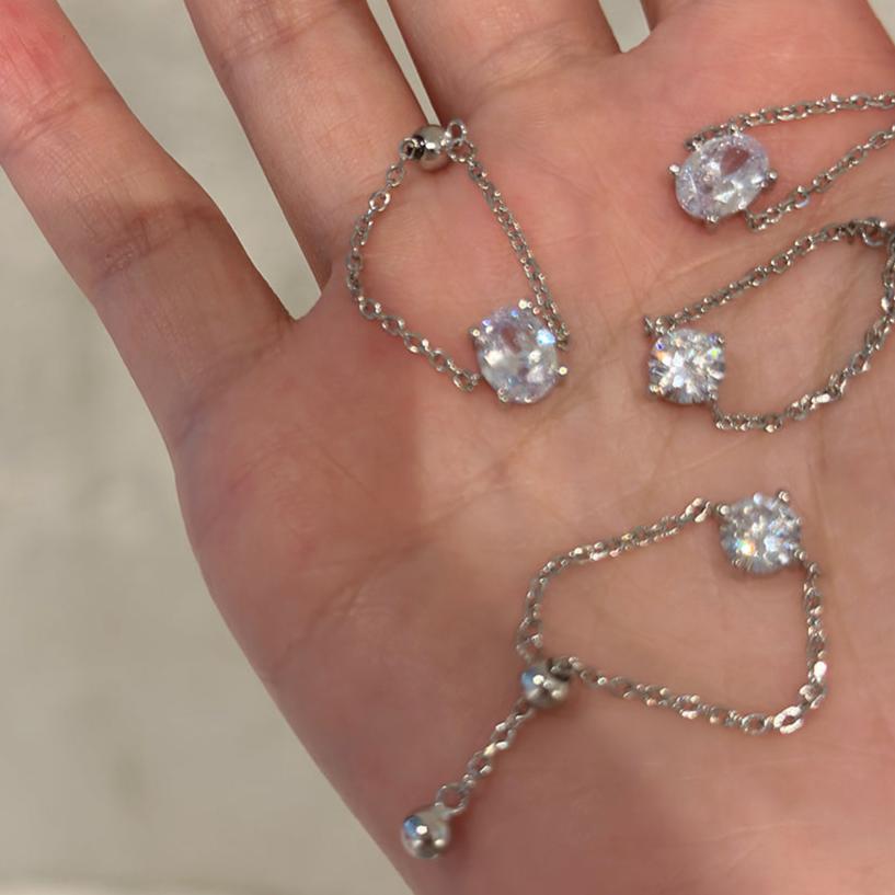 Zirconia Sterling Silver Adjustable Chain Ring