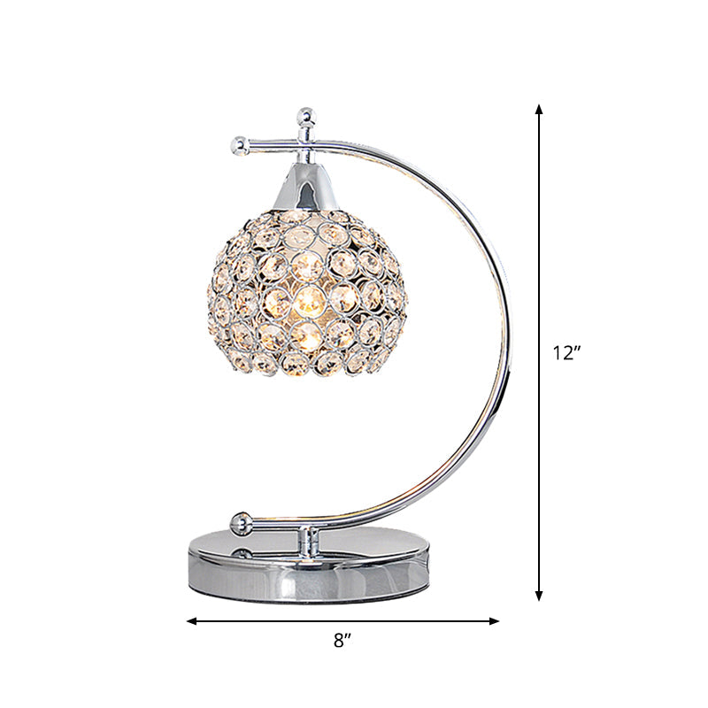 Nordic Tiffany Domed Small Desk Lighting Single Bulb Crystal Embedded Table Lamp with Arched Arm in Silver