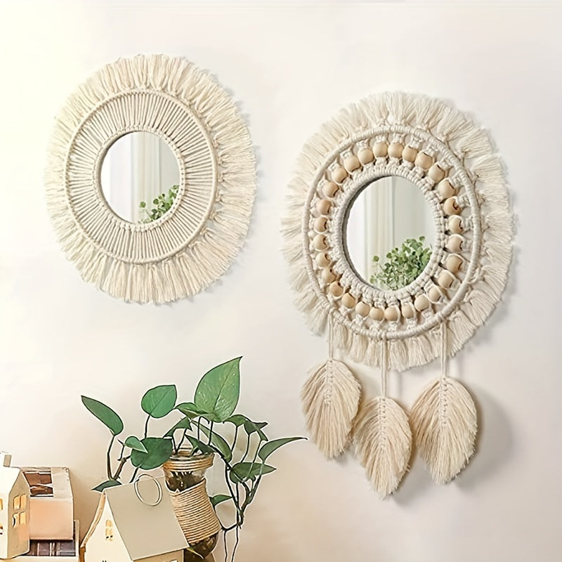 Hanging Wall Mirror - Wall Mirror with Beads & Feathers