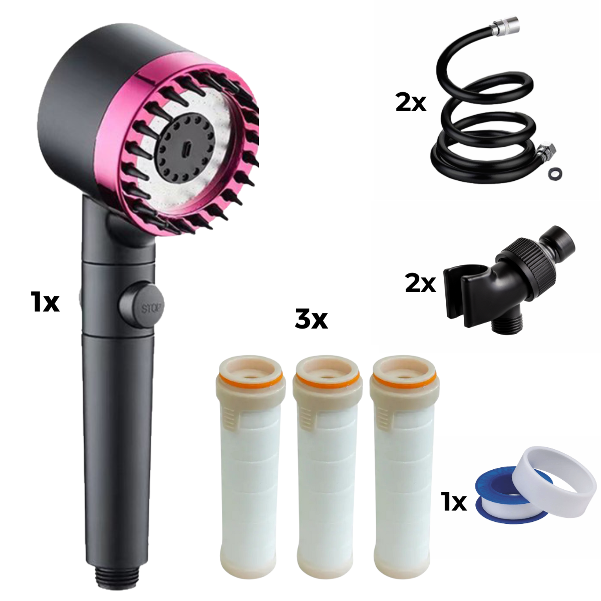 Shower Head + 2x Hose +2x Adapter + 3x Filter + Teflon Tape