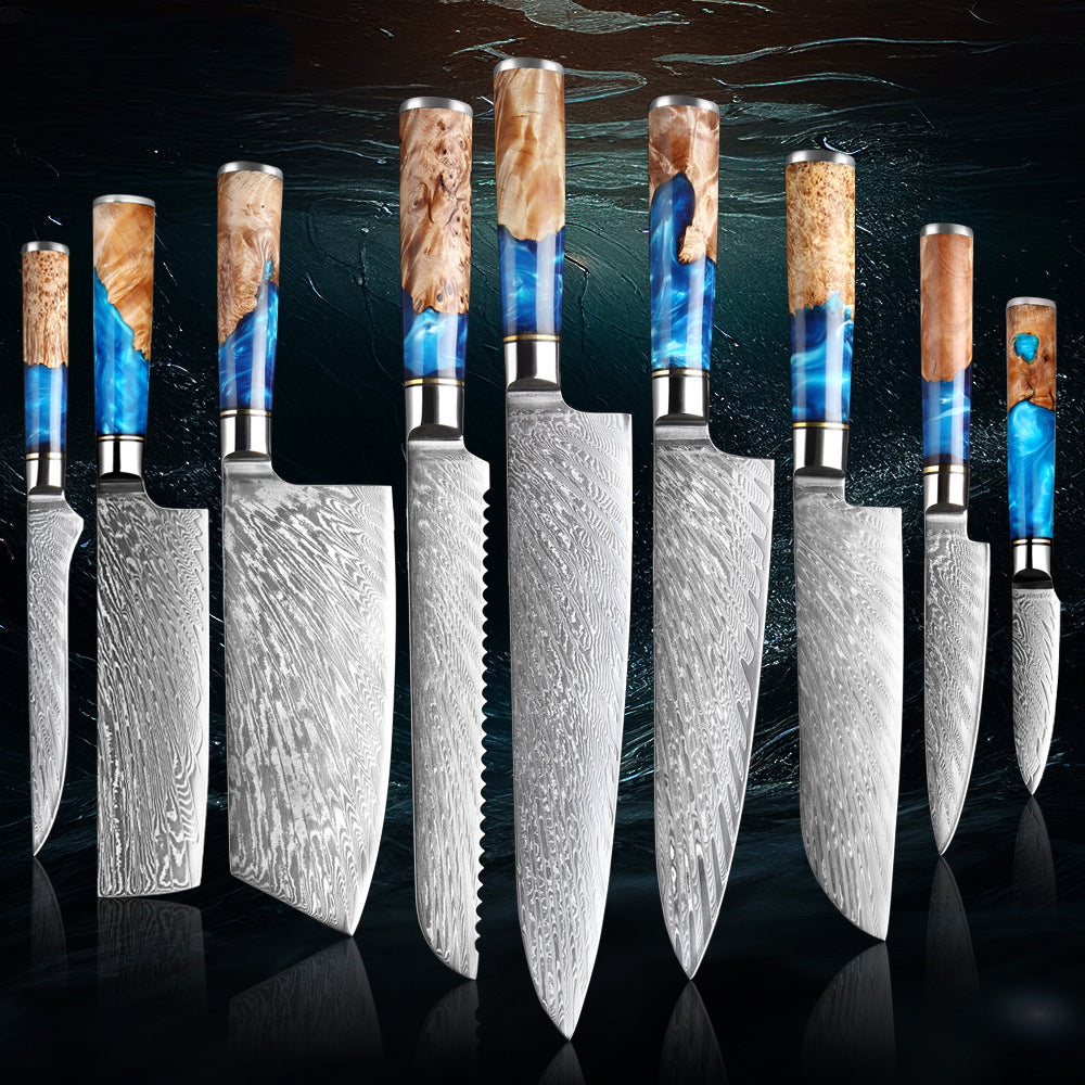SAKUTO (作東) Japanese Damascus Steel Kitchen Knife Set With Blue Handle