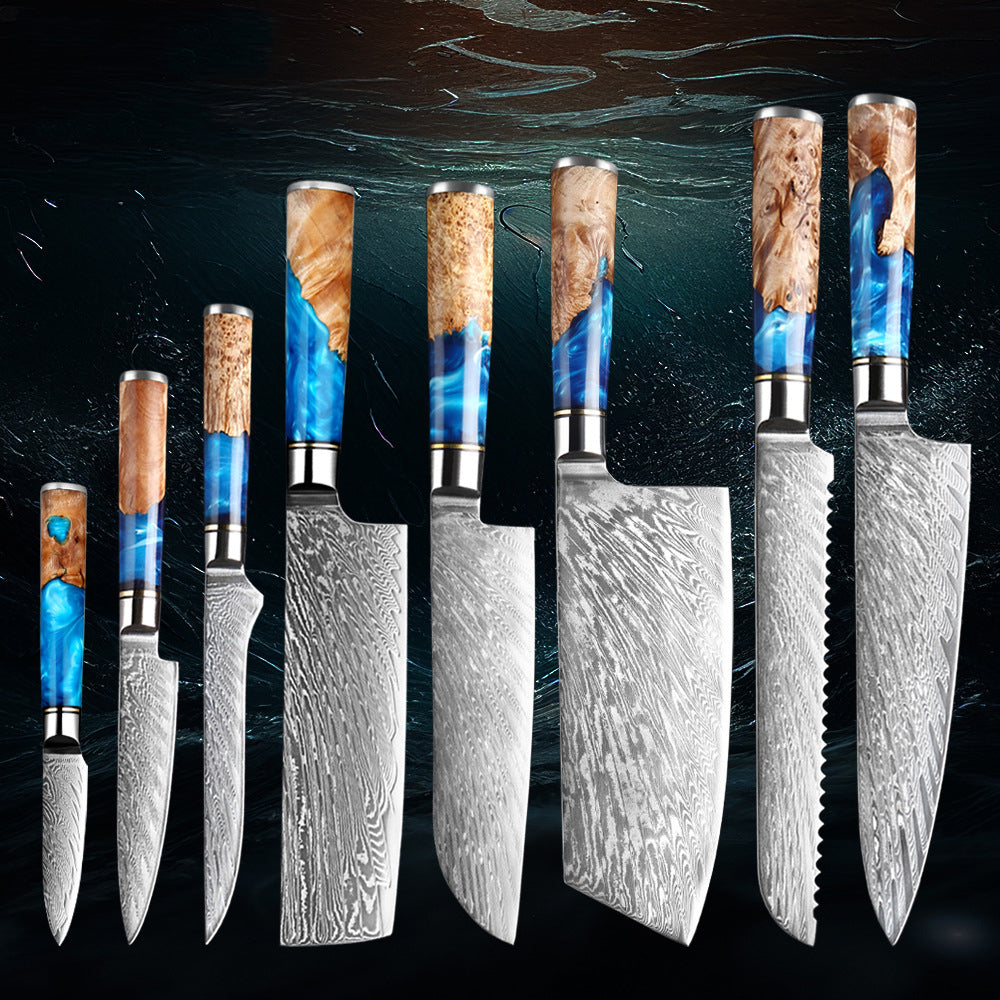SAKUTO (作東) Japanese Damascus Steel Kitchen Knife Set With Blue Handle