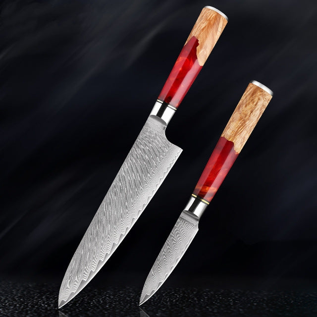 SAKUTO (作東) Japanese Damascus Steel Kitchen Knife Set With Coloured Red Handle