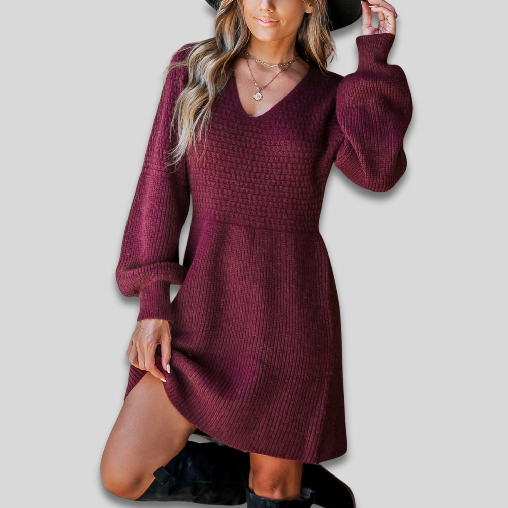 Women's Cozy Chunky Knit Fall Dress - Long Sleeve V Neck Mini