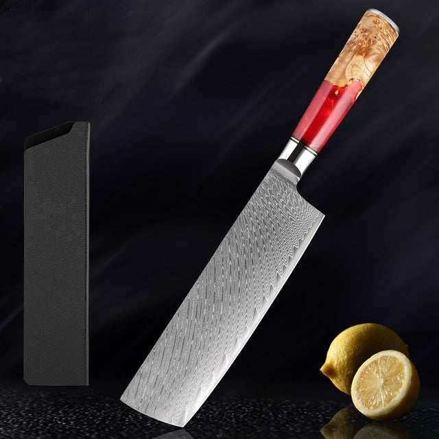 SAKUTO (作東) Japanese Damascus Steel Kitchen Knife Set With Coloured Red Handle