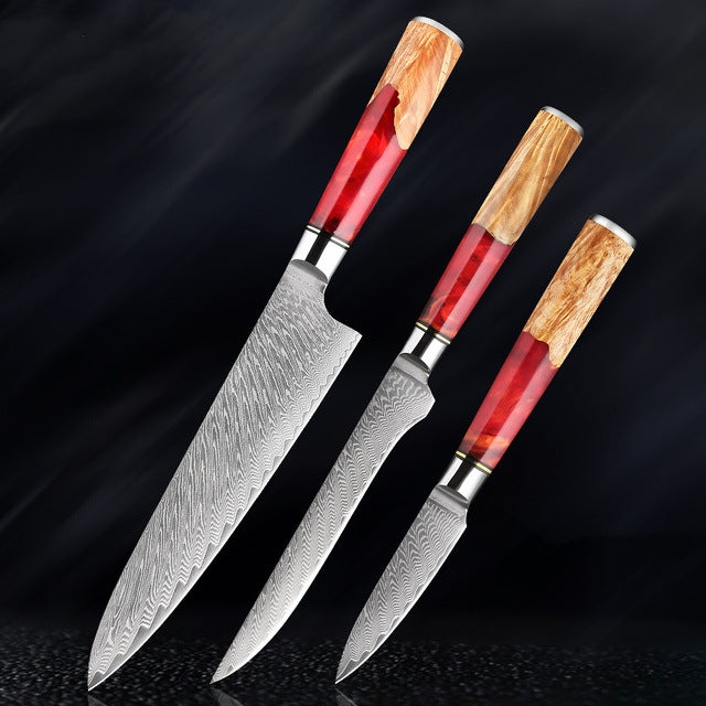 SAKUTO (作東) Japanese Damascus Steel Kitchen Knife Set With Coloured Red Handle