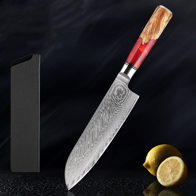 SAKUTO (作東) Japanese Damascus Steel Kitchen Knife Set With Coloured Red Handle