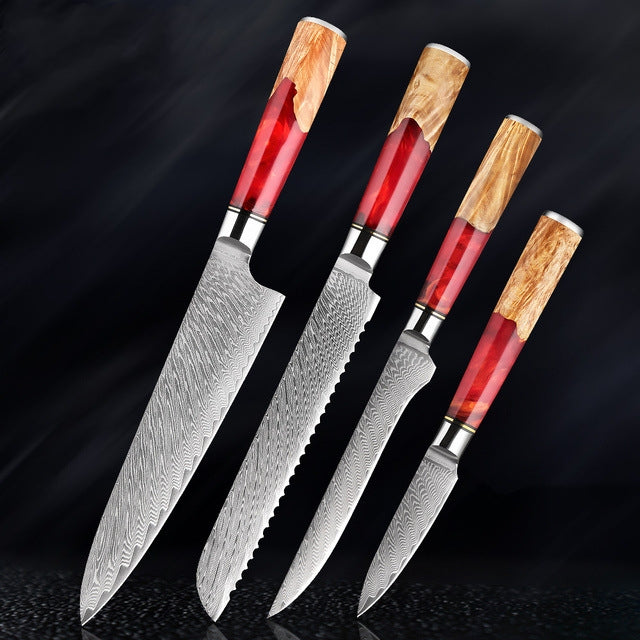 SAKUTO (作東) Japanese Damascus Steel Kitchen Knife Set With Coloured Red Handle