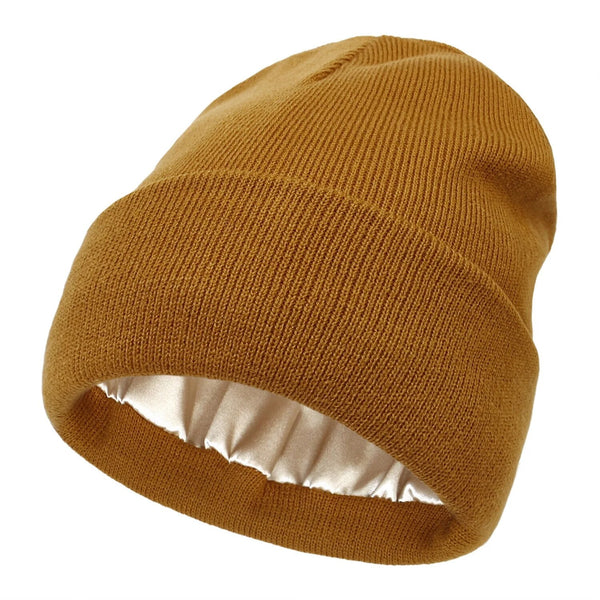 Women's Wool Winter Beanie with Anti-Frizz Silk Lining - Warm Knit Skull Cap for Hair Protection against Static and Breakage - 22 x 23cm