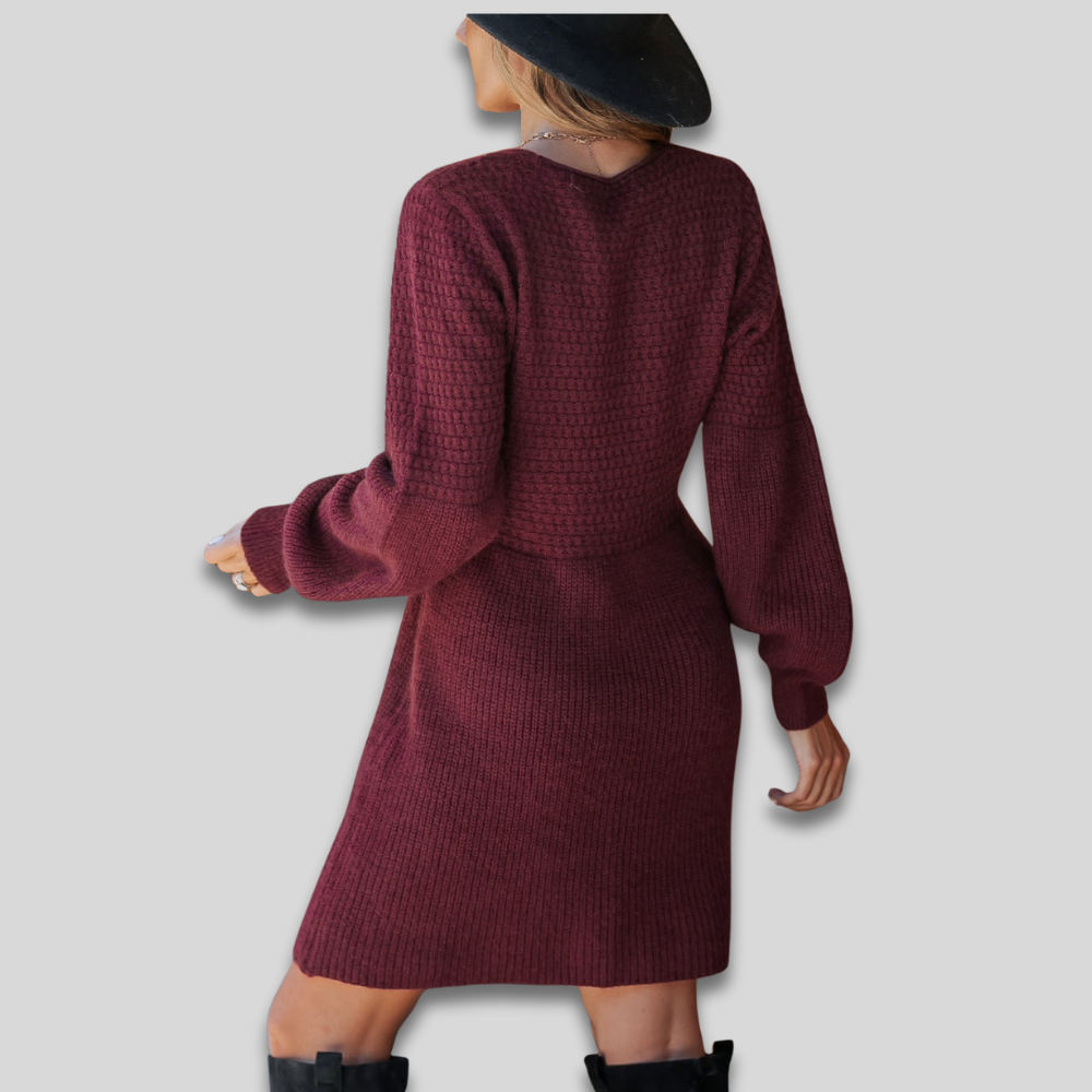 Women's Cozy Chunky Knit Fall Dress - Long Sleeve V Neck Mini