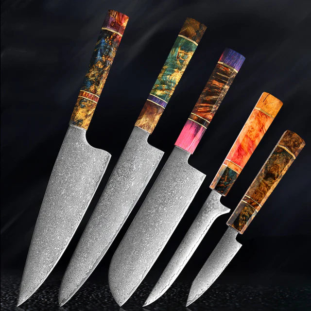 SAKUTO (久拓) Japanese Damascus Steel Kitchen Knife With Coloured Octagonal Handle
