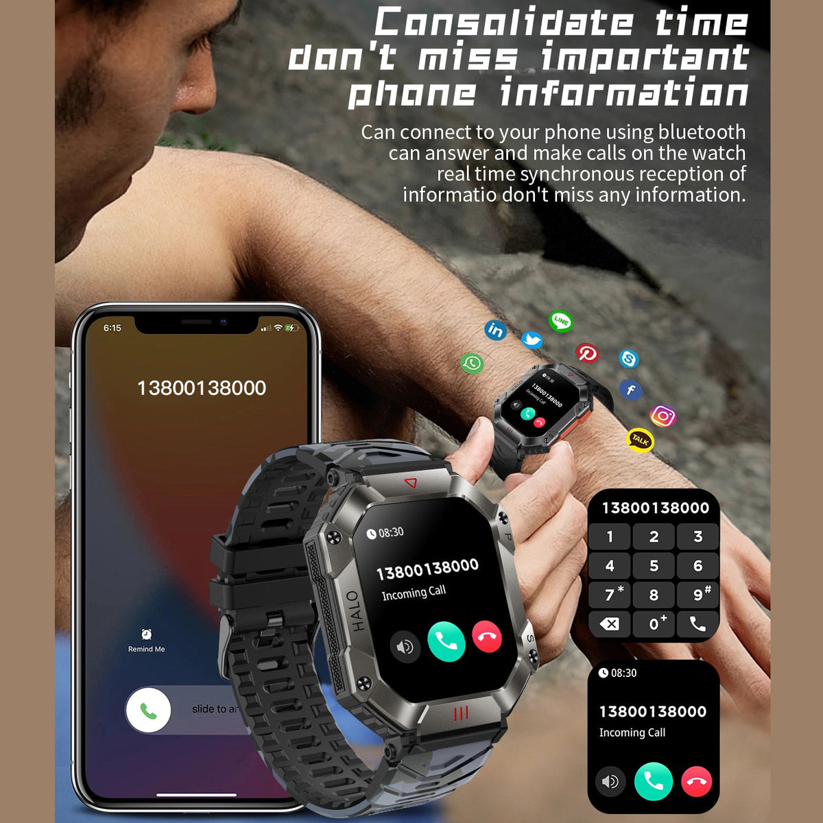 620mAh Large Battery Durable Military Smart Watch Men