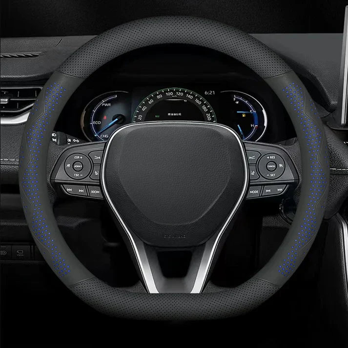 Ultra-Thin Breathable Genuine Leather Steering Wheel Cover with Anti-Slip Grip