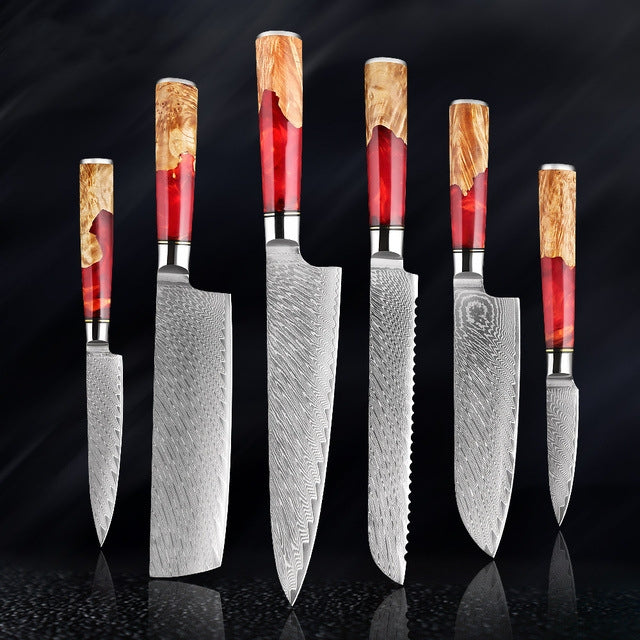 SAKUTO (作東) Japanese Damascus Steel Kitchen Knife Set With Coloured Red Handle