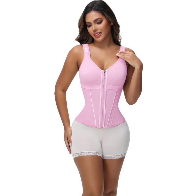 Women's Shapewear Vest with Built-In Underwire Bra – 17 Steel Bones, Zipper and Adjustable Straps