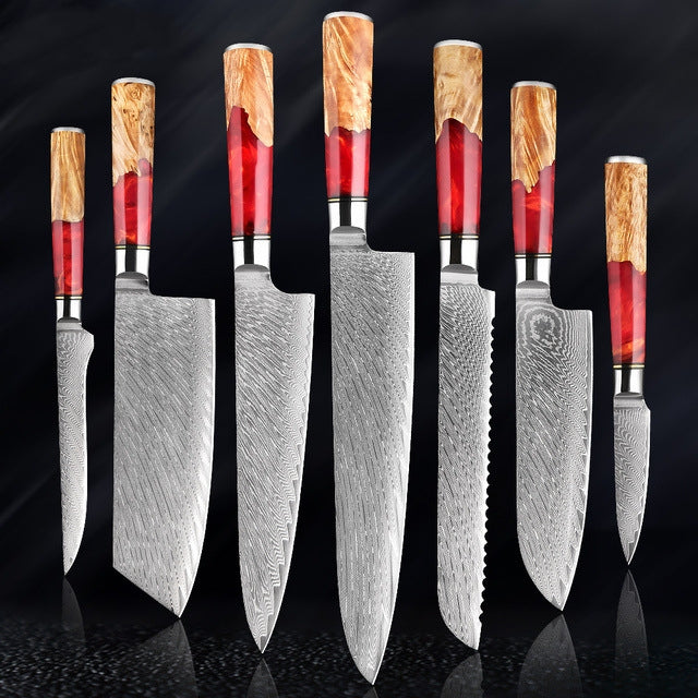 SAKUTO (作東) Japanese Damascus Steel Kitchen Knife Set With Coloured Red Handle