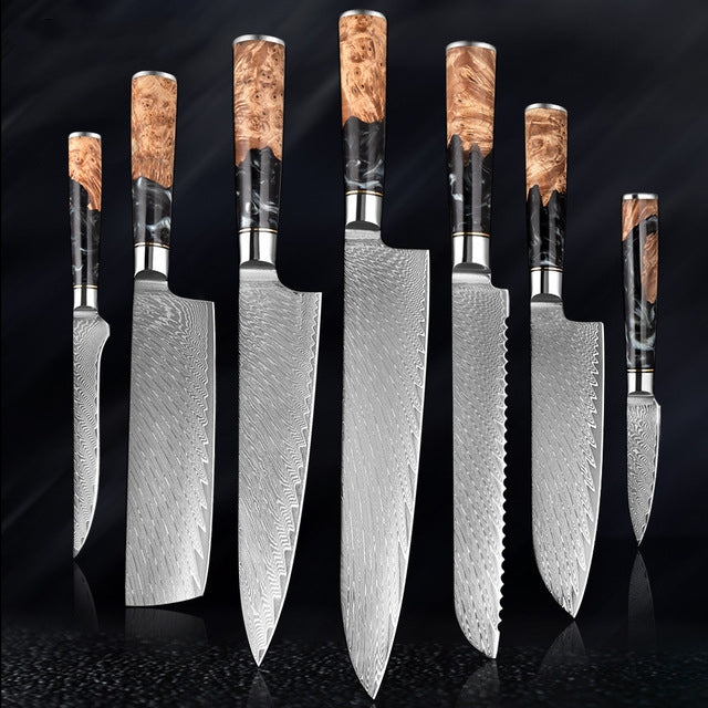 SAKUTO (作東) Japanese Damascus Steel Kitchen Knife Set With Coloured Black Handle
