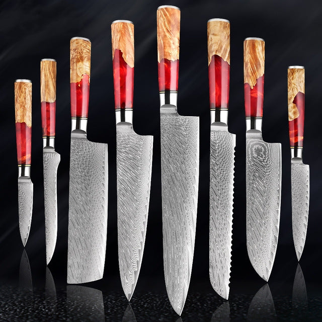 SAKUTO (作東) Japanese Damascus Steel Kitchen Knife Set With Coloured Red Handle
