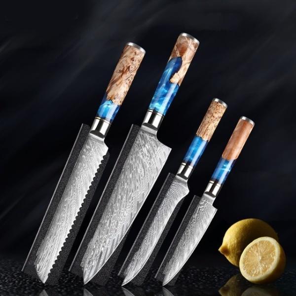 SAKUTO (作東) Japanese Damascus Steel Kitchen Knife Set With Blue Handle