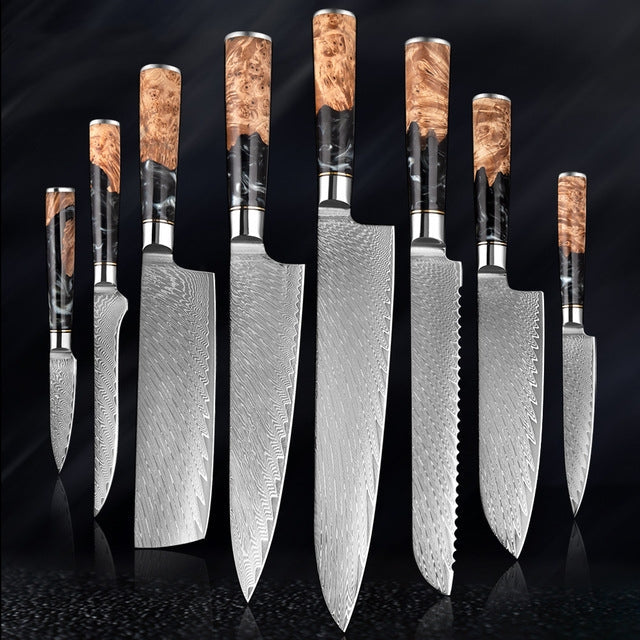 SAKUTO (作東) Japanese Damascus Steel Kitchen Knife Set With Coloured Black Handle
