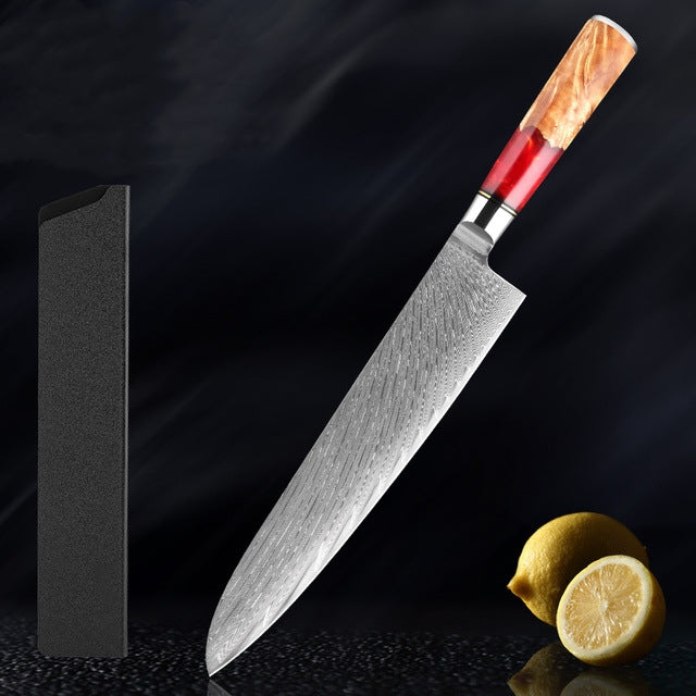 SAKUTO (作東) Japanese Damascus Steel Kitchen Knife Set With Coloured Red Handle