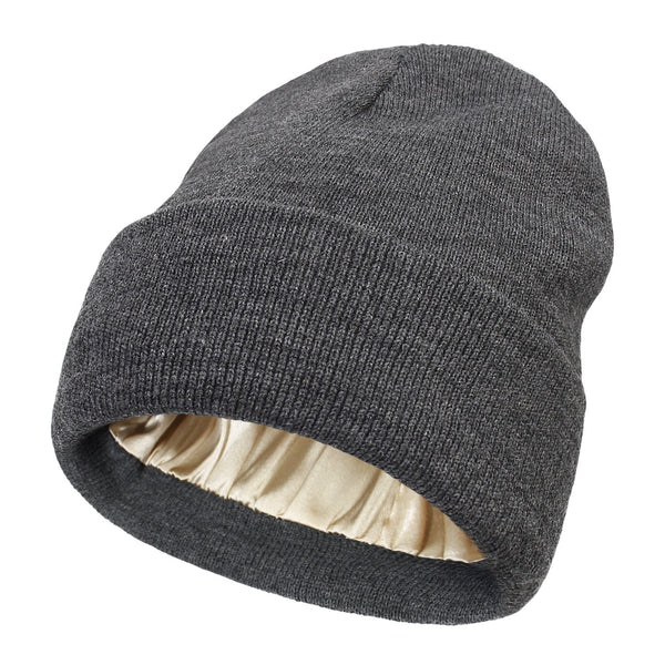 Women's Wool Winter Beanie with Anti-Frizz Silk Lining - Warm Knit Skull Cap for Hair Protection against Static and Breakage - 22 x 23cm