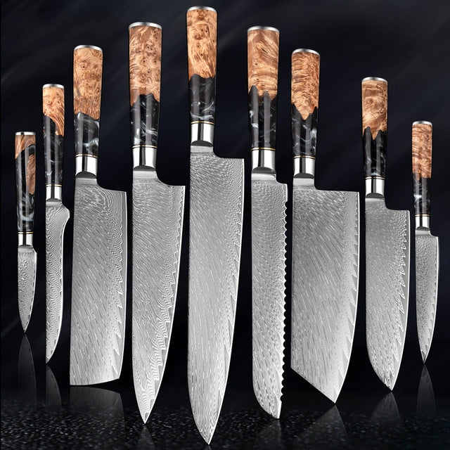 SAKUTO (作東) Japanese Damascus Steel Kitchen Knife Set With Coloured Black Handle