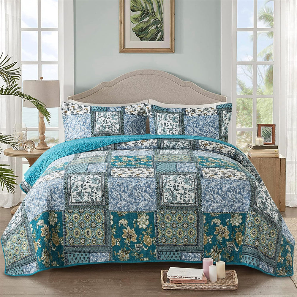 3pcs Teal/Green Farmhouse Cotton Bedspread Set