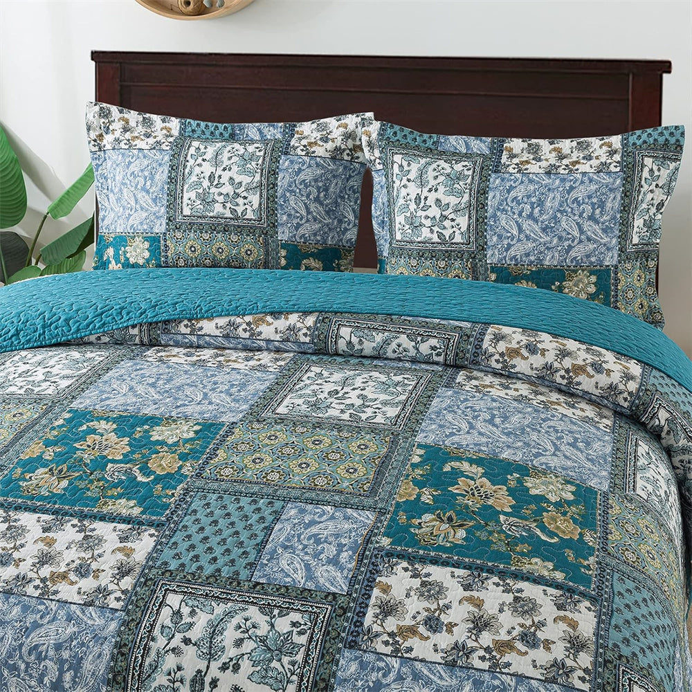 3pcs Teal/Green Farmhouse Cotton Bedspread Set