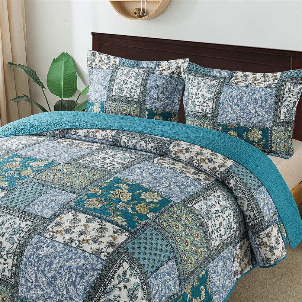 3pcs Teal/Green Farmhouse Cotton Bedspread Set
