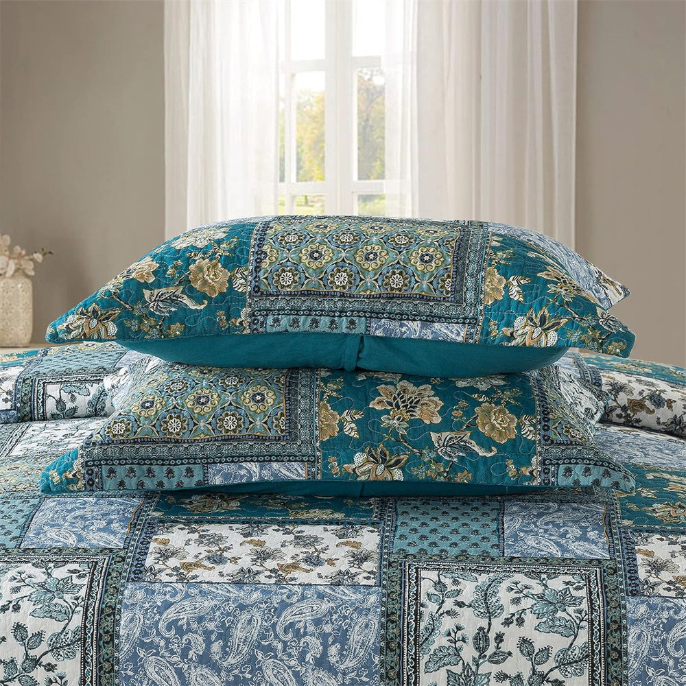 3pcs Teal/Green Farmhouse Cotton Bedspread Set
