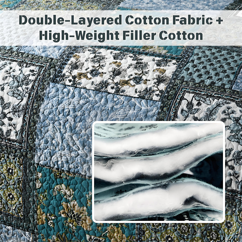 3pcs Teal/Green Farmhouse Cotton Bedspread Set