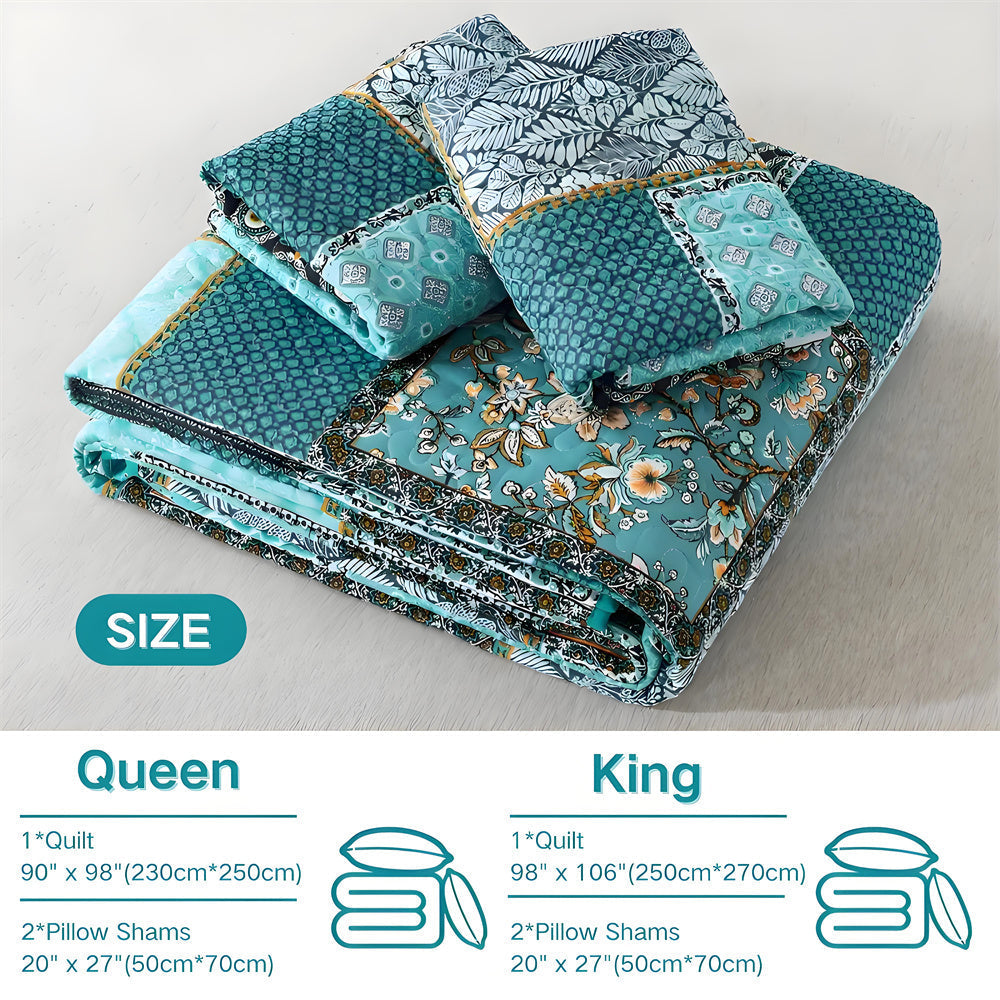 3pcs Teal/Green Farmhouse Cotton Bedspread Set