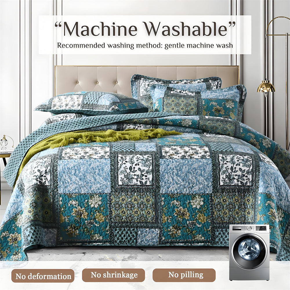 3pcs Teal/Green Farmhouse Cotton Bedspread Set