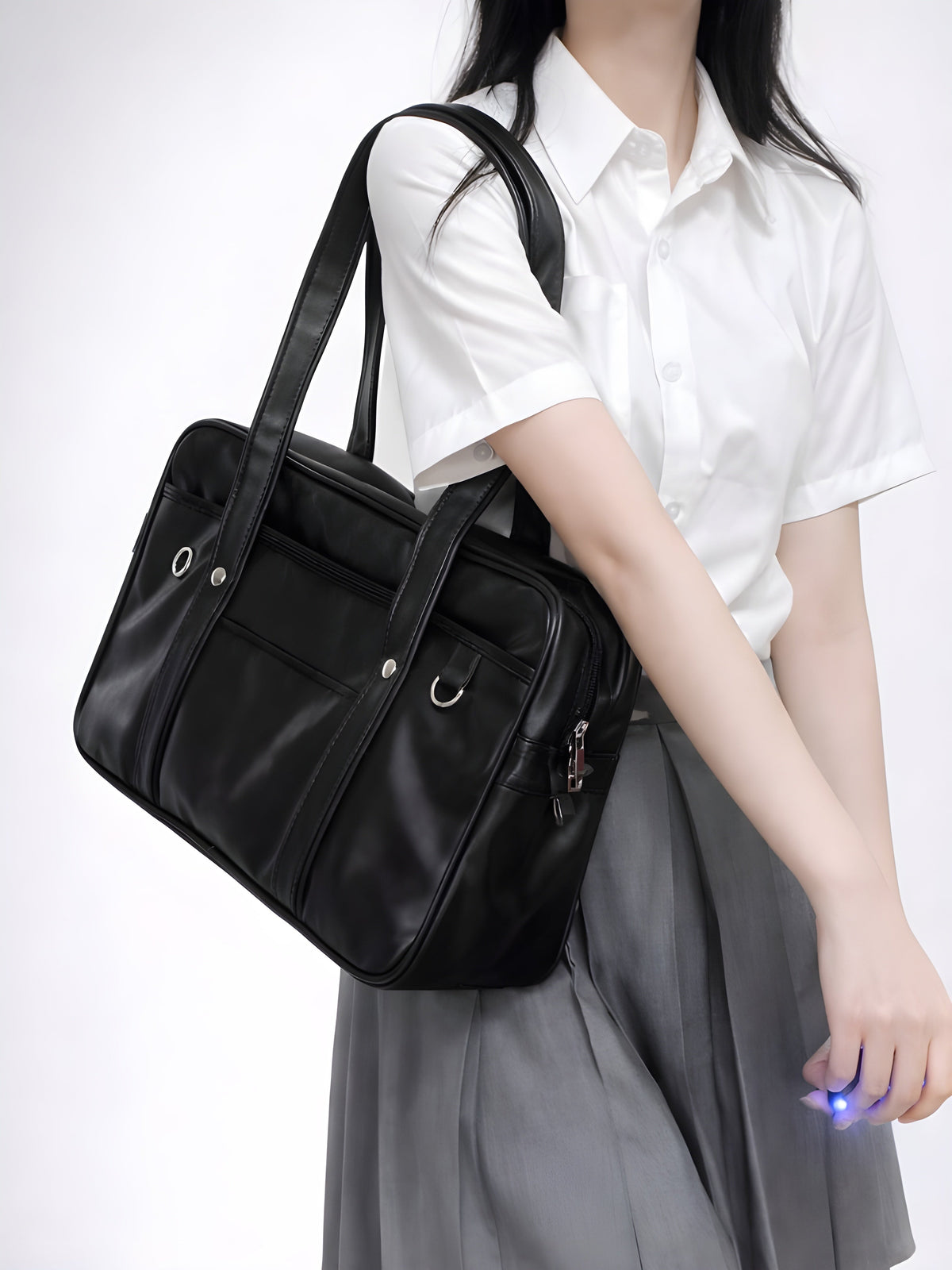 Black handbag for school in smooth vegan leather | Orvieto