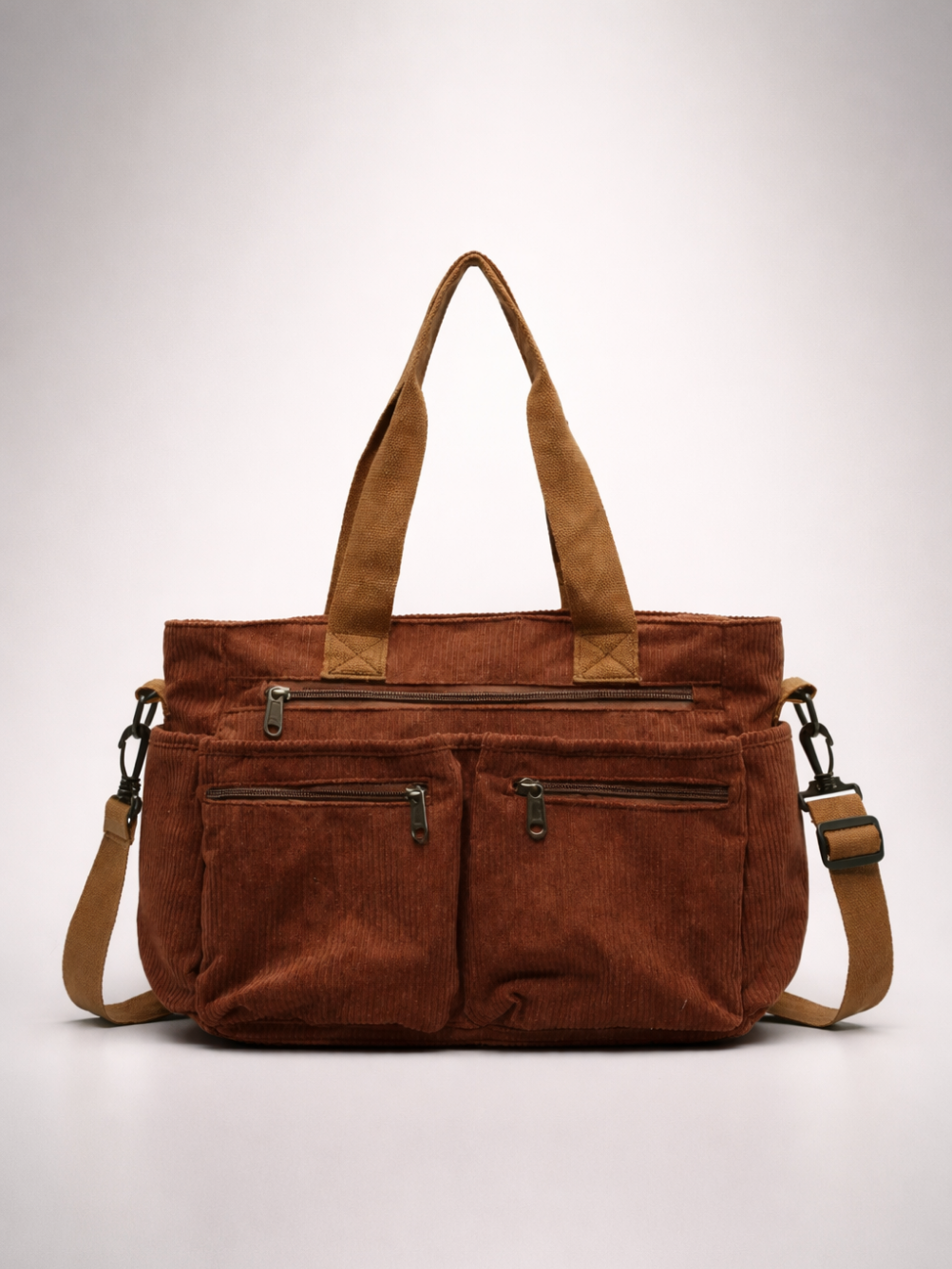 Brown Corduroy Multi-Pocket University Tote Bag – 36×28×14 cm | PERUGIA