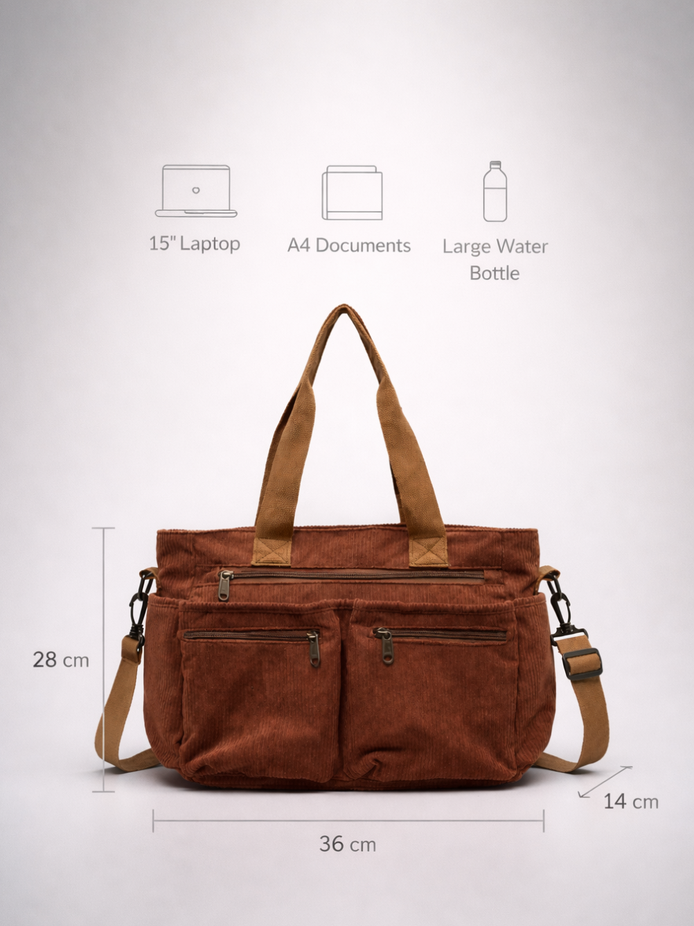 Brown Corduroy Multi-Pocket University Tote Bag – 36×28×14 cm | PERUGIA