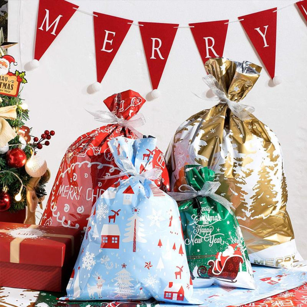 Christmas Gift Bag Set Reusable Foil Holiday Wrapping Bags