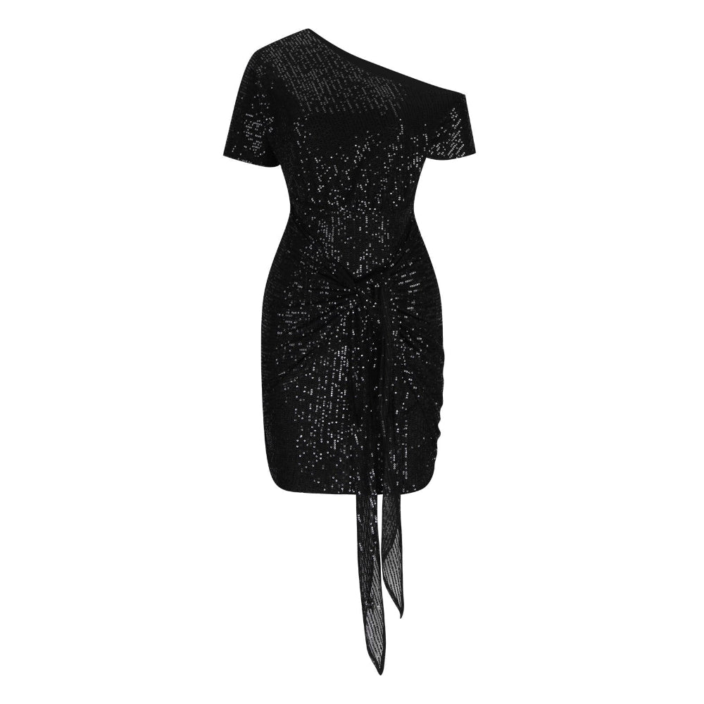 Women Sequin Party Dress - Elegant One Shoulder Ruched Dress Mini