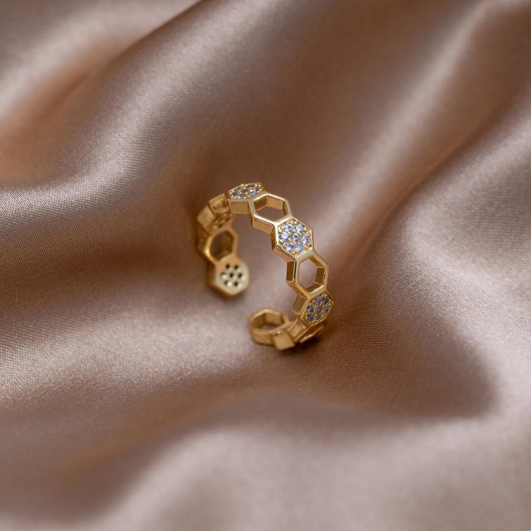 Gold & Crystal Honeycomb Ring